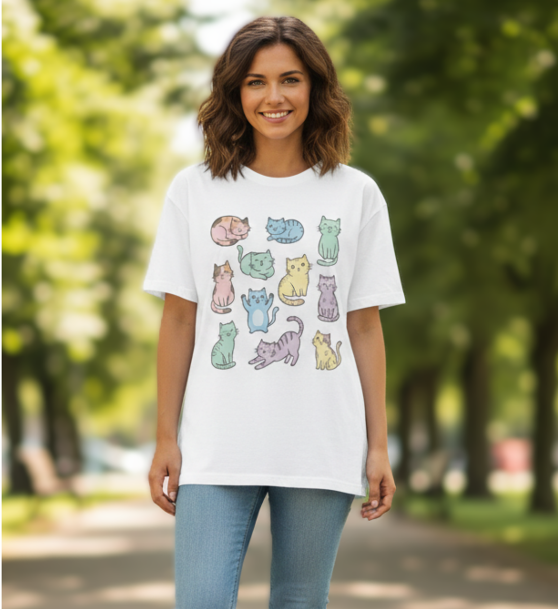 Cute Cats Oversized Unisex Graphic T-Shirt – Kawaii Pastel Cat Cotton Tee
