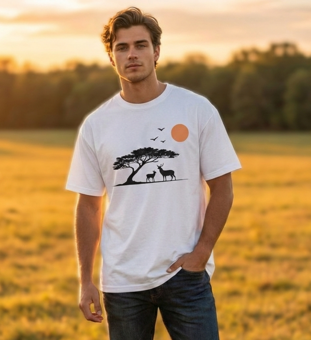 Sunset Wilderness Oversized Unisex Graphic T-Shirt – Minimal Nature Silhouette Cotton Tee
