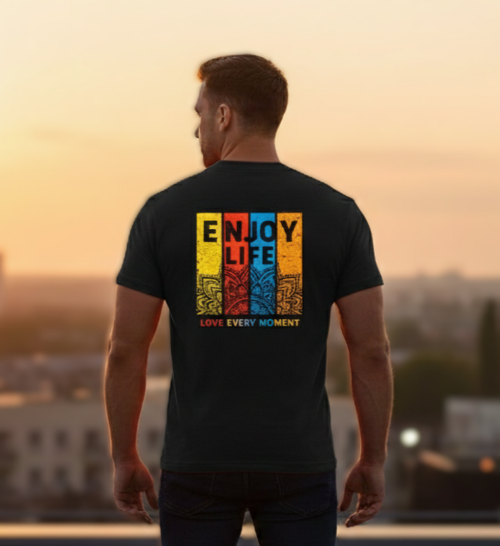 Enjoy Life Regular Fit Men's Graphic T-Shirt – Retro Color Block Back Print Cotton Tee